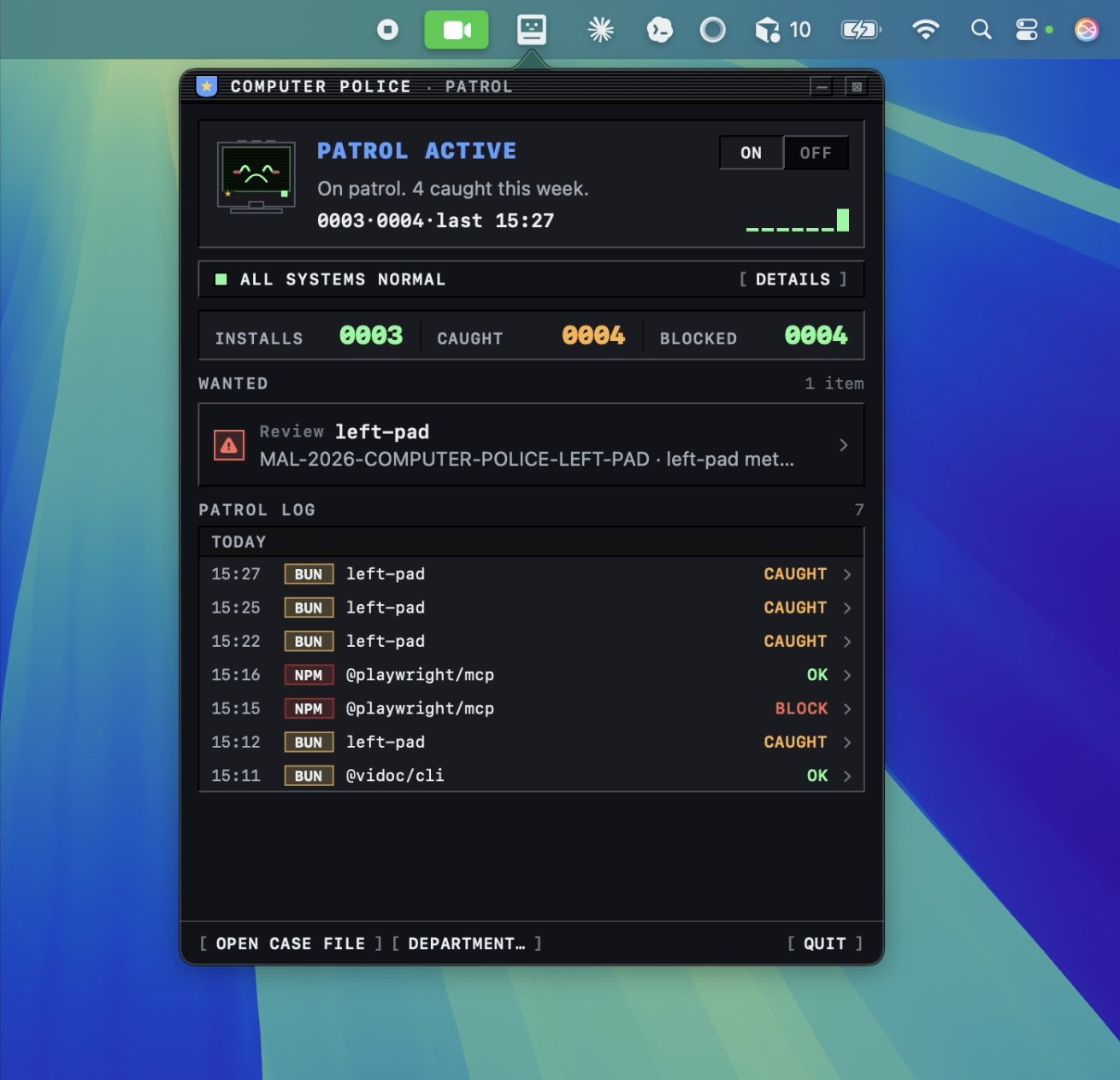 Computer Police menu-bar app: patrol active, install ledger with caught and blocked package events